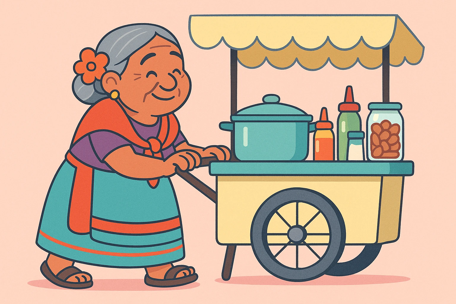 old Mexican lady pushing a food cart, warm and friendly, traditional dress, vibrant colors, street vendor, detailed, no text, pastel toon cartoon style emoji