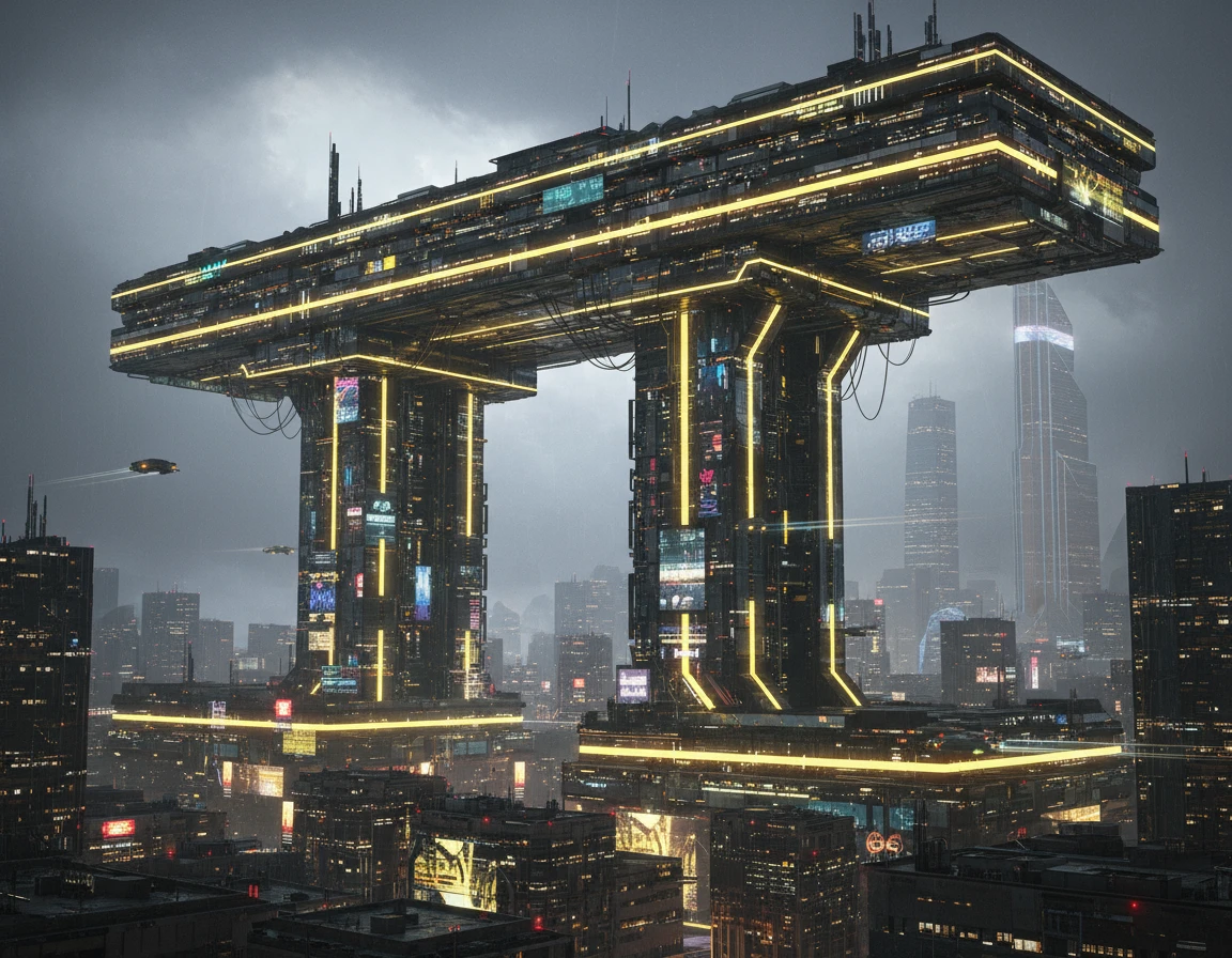 Стилизуй этот горизонтальный небоскреб под Москва-Сити с желтым свечением-подсветкой. Он должен смотреться как из киберпанка. Сделай его 2 стойки нереально высокими, расстояние между ними большое, а верхнюю горизонтальную часть - длиннее.

Фотореализм. Прозрачный фон emoji