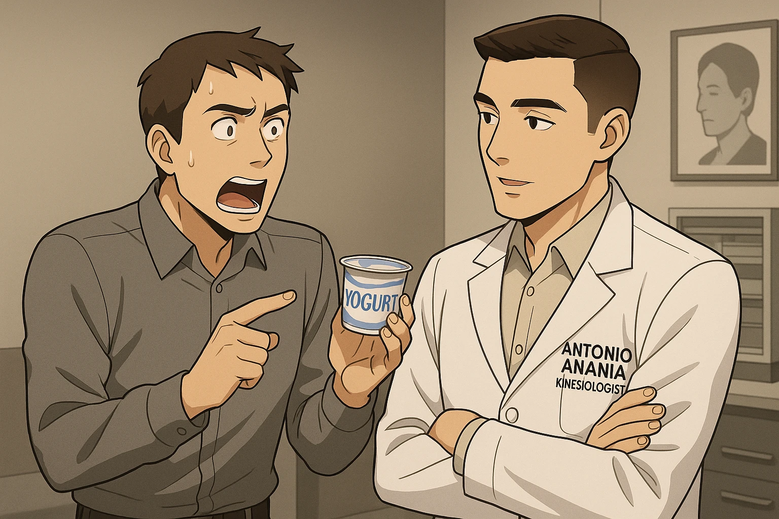 fai un webtoon manga a colori con questo stile, in cui un uomo chiede al kinesiologo con il camice bianco (fagli anche la scritta "ANTONIO ANANIA" SUL CAMICE, una domanda e il kinesiologo gli risponde, L'UOMO INDICA LO YOGURT CHE HA IN MANO ED è MOLTO ALLARMATO NEL FARE LA DOMANDA. non fare i fumetti però, fai solo in modo che sembri stiano parlando emoji