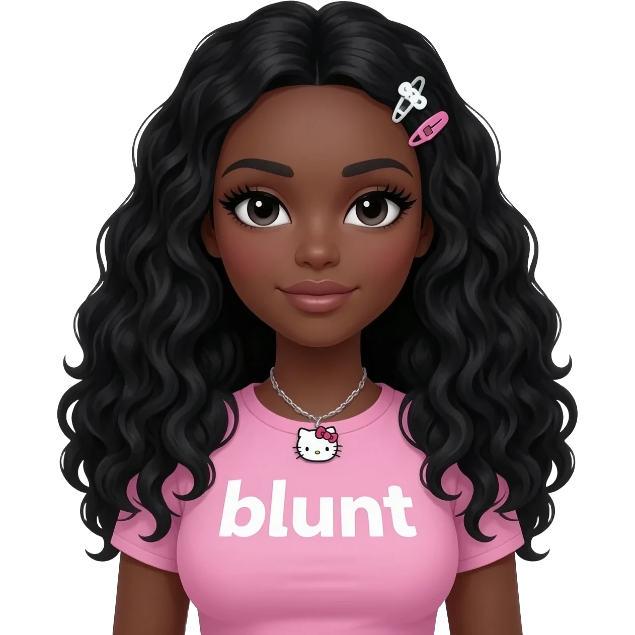 Long giant lashes, my melody hairclip, Doll faced shaped, hello kitty necklace, bimbo, black doll eyes, barbie, dark brown skin with long curly black hair, light pink bimbo shirt says "blunt" , big breast emoji