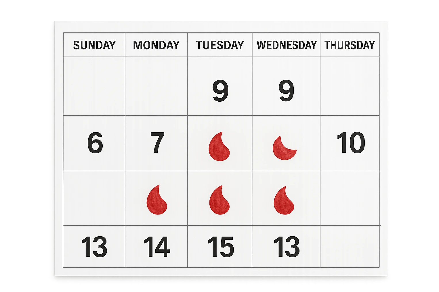 calendario realistico con 5 giorni di fila segnati per il ciclo emoji