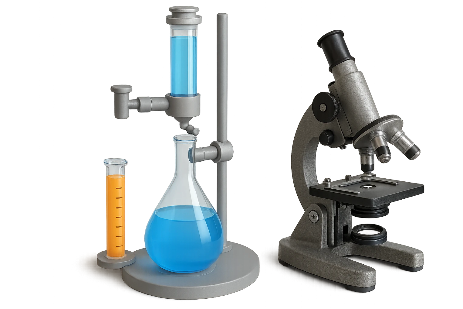 Add a microscope to the scientific research icon, keep it 3D, realistic, detailed, with no background, in a 3D realistic detailed style emoji