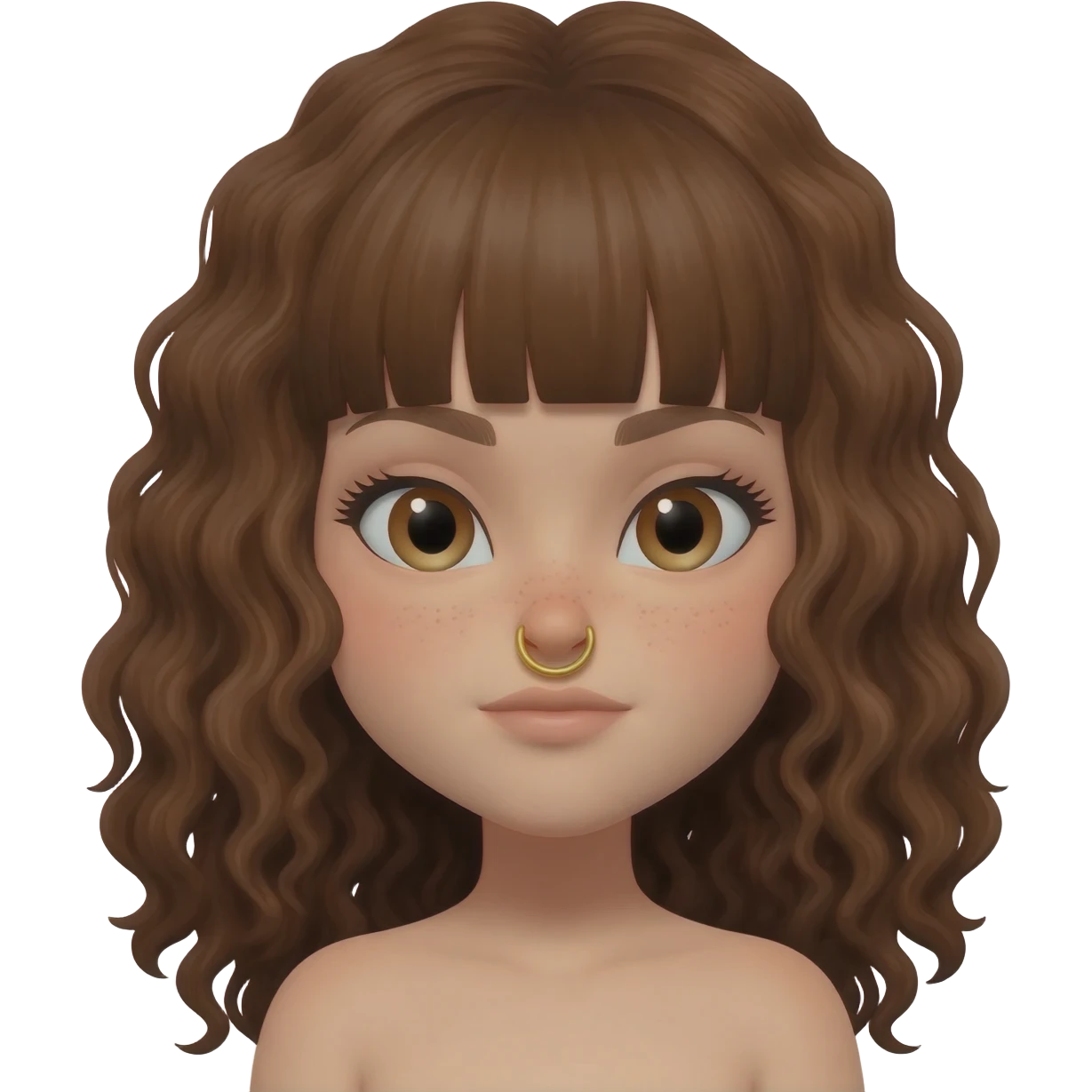 Make her head lean even more forward and make it a girl with long brown curly hair and bangs and a septum nose ring gold hoop emoji