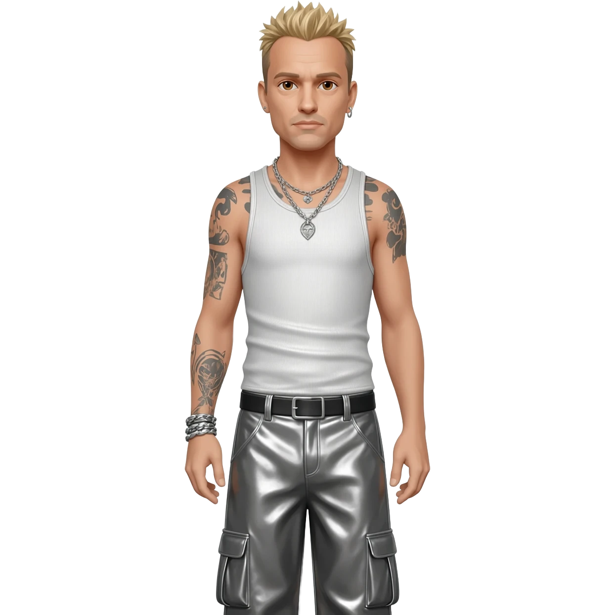 Chester Bennington with brown eyes, blonde hair, white metallic tank top, gray metallic baggy pants, silver necklace emoji