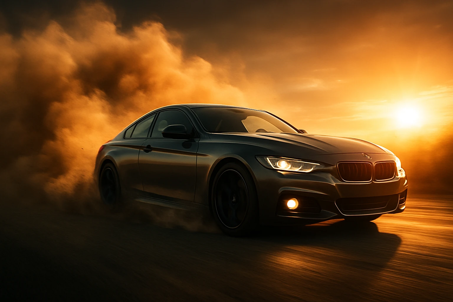 a car accelerating quickly, dust rising from the tarmac, dynamic motion, dramatic scene emoji