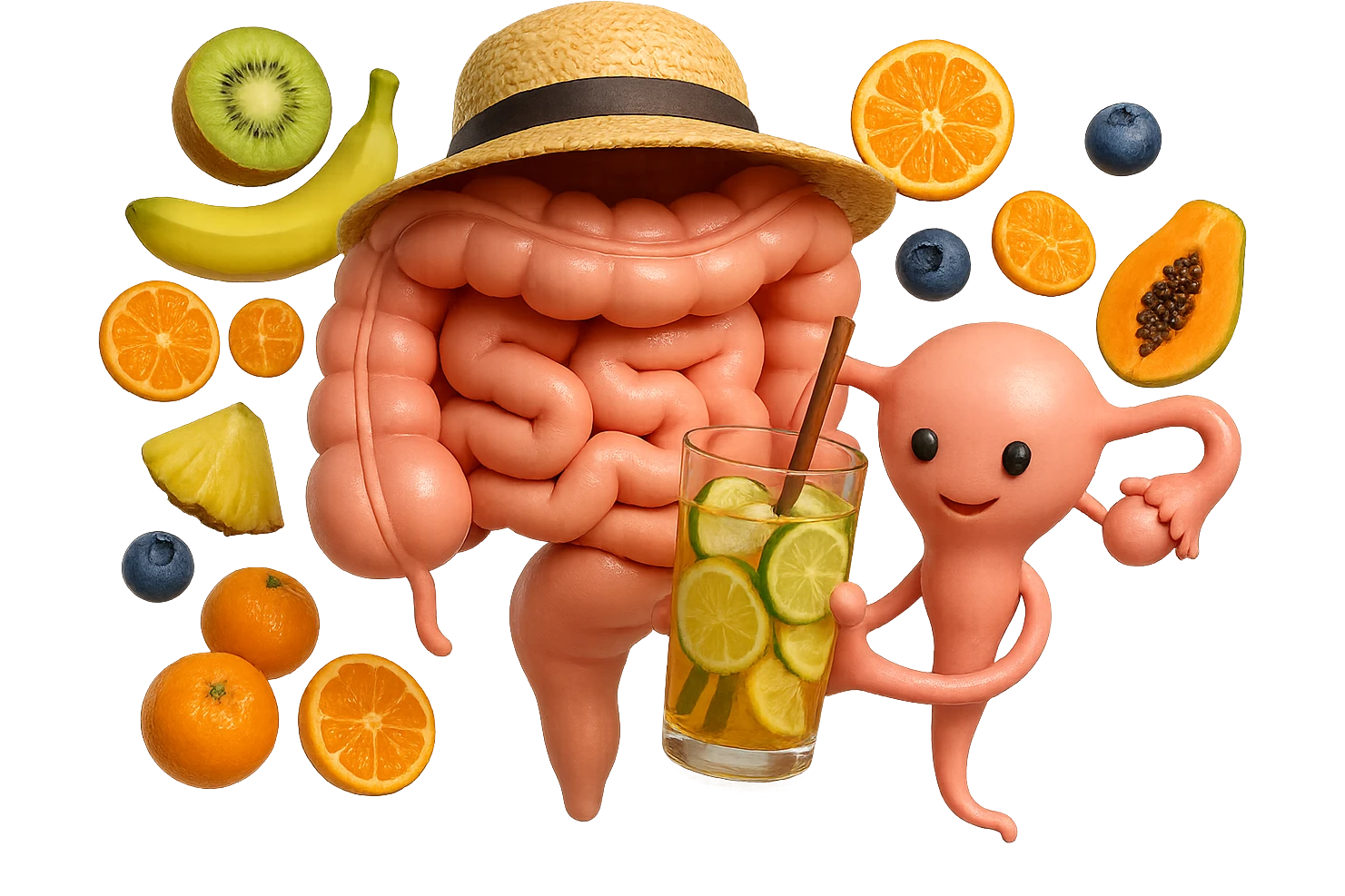 EMOJI STILE IPHONE DI INTESTINO E UTERO UMANI REALISTICI CON CAPPELLO DI PAGLIA DA SPIAGGIA CHE BEVE UN Tè FREDDO IN BICCHIERE DI VETRO CON DENTRO  fette di cetriolo, limone, lime, DIETRO L'INTESTINO FLUTTUANO PEZZETTI DI Kiwi
Banana acerba
Arance e mandarini
Mirtilli
Ananas
Papaya
IPERREALISTICO 4K emoji