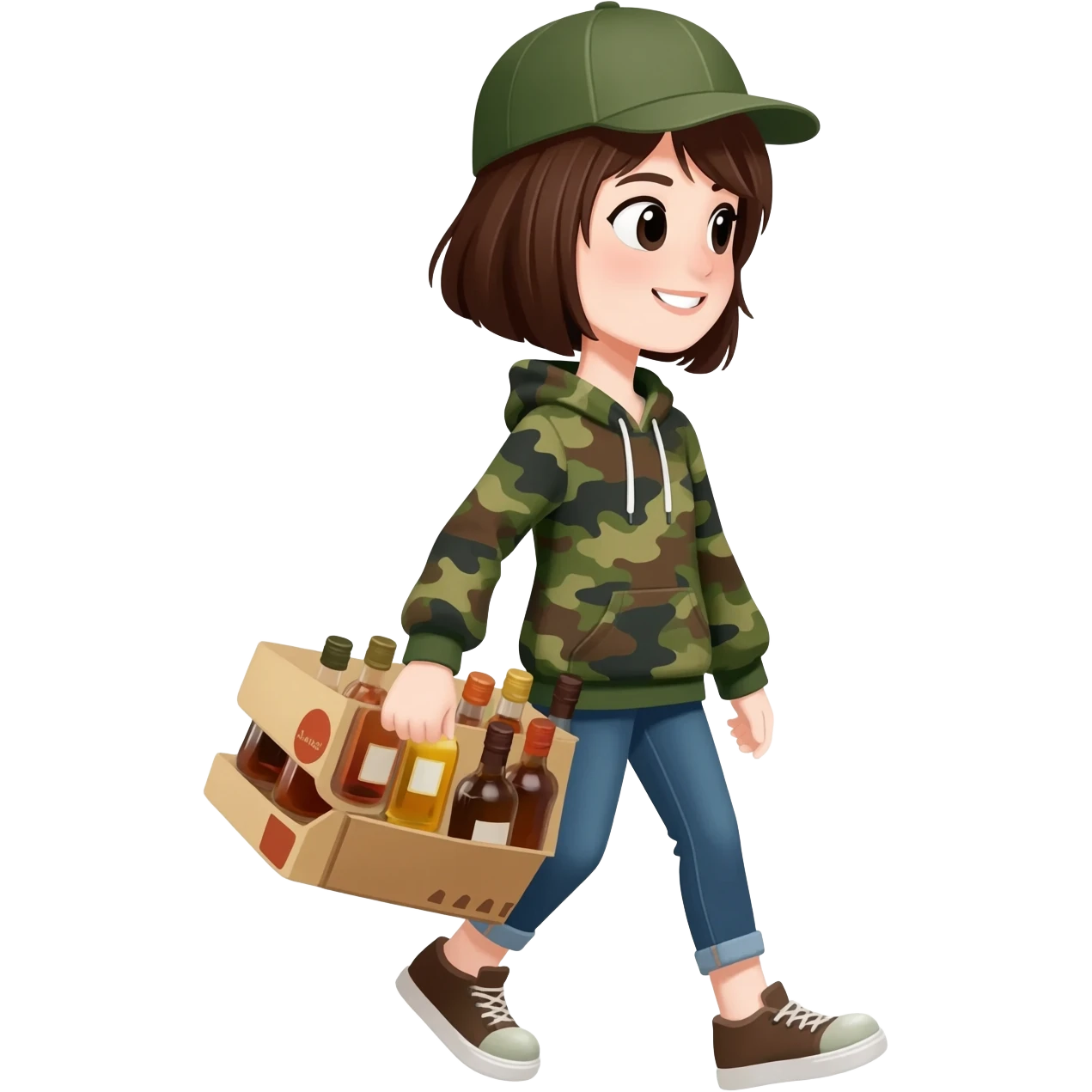 A girl with short hair wearing a hat and a camo hoodie carrying a box of liquor bottles emoji