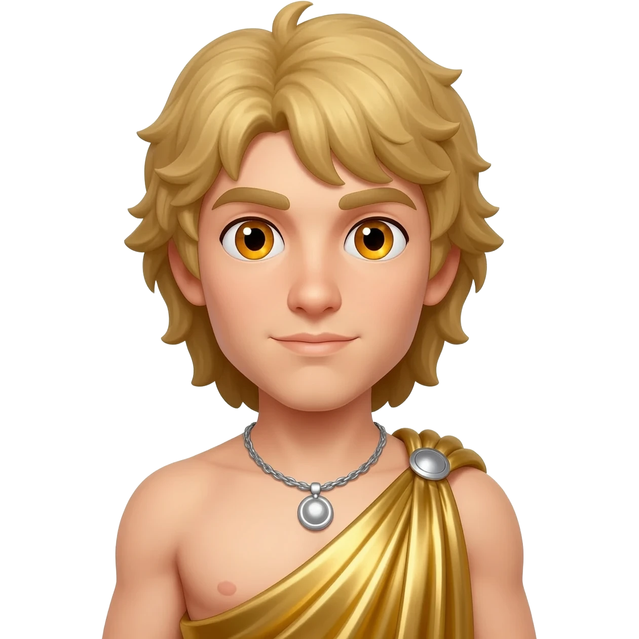 Apollo from Greek Mythology with amber eyes, long blonde hair, gold metallic toga, silver necklace emoji
