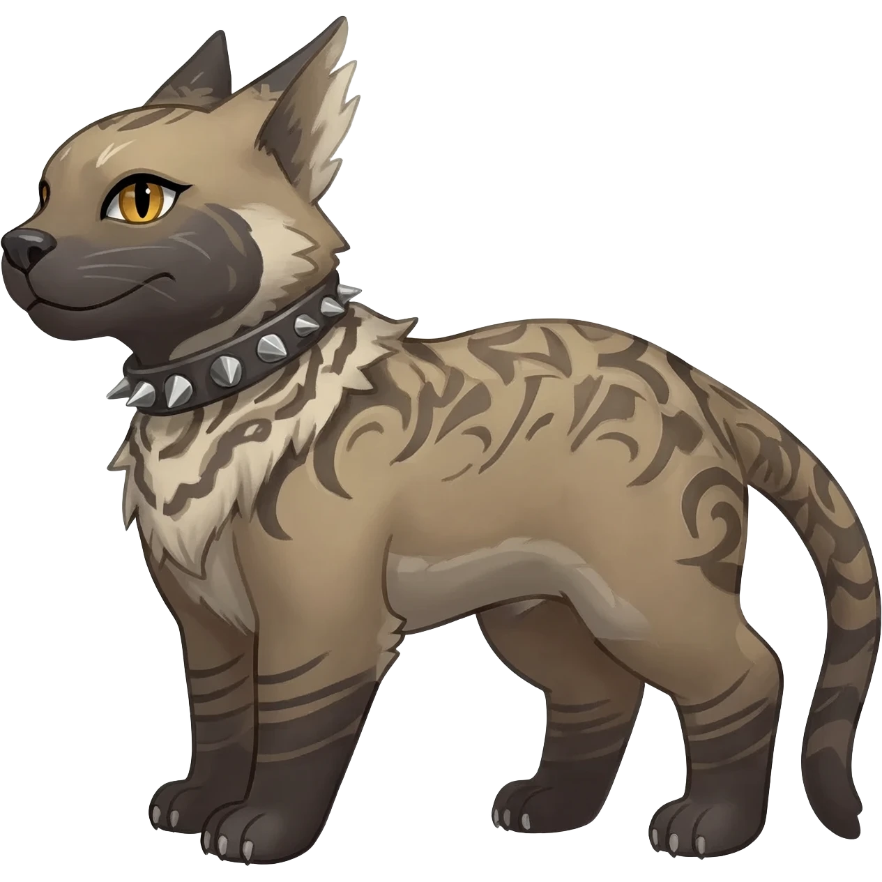 Rare dark dusky dull-colored exotic edgy cool epic aesthetic gothic emo Salandit-Litten-Furfrou-Houndoom-Civet-species-Fakemon-hybrid-creature, with a spiked collar, and with intricate edgy chevron sleek markings, full body emoji