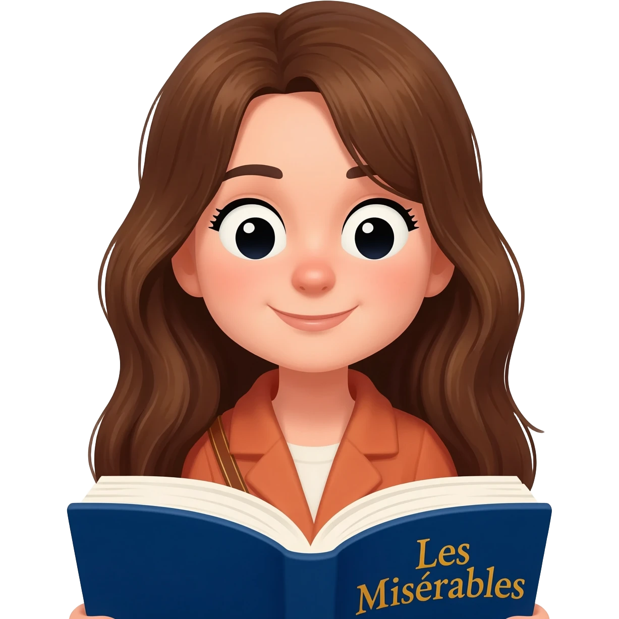 white happy long haired brunette girl reading Les mis emoji