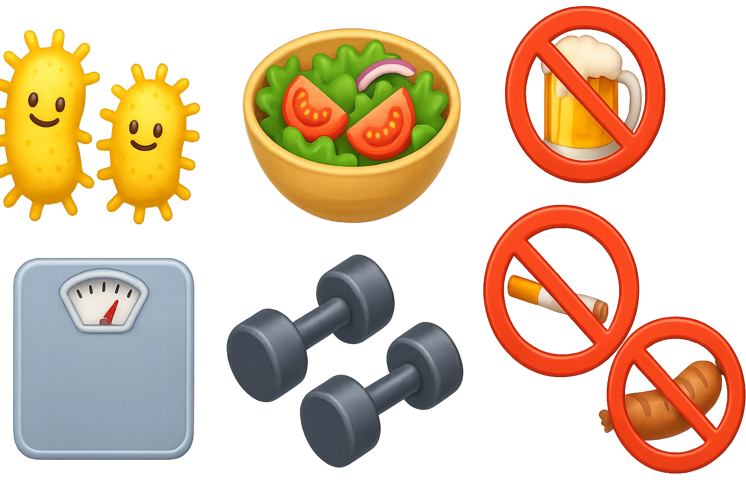 emoji stile iphone di: due batteri intestinali felici, una bowl di insalata, una bilancia pesapersone, manubri da palestra, e un boccale di birra con divieto 3d sopra, una sigaretta con divieto 3d sopra e un wurstel con divieto 3d sopra, fluttuano in aria, iperrealistico 4k emoji