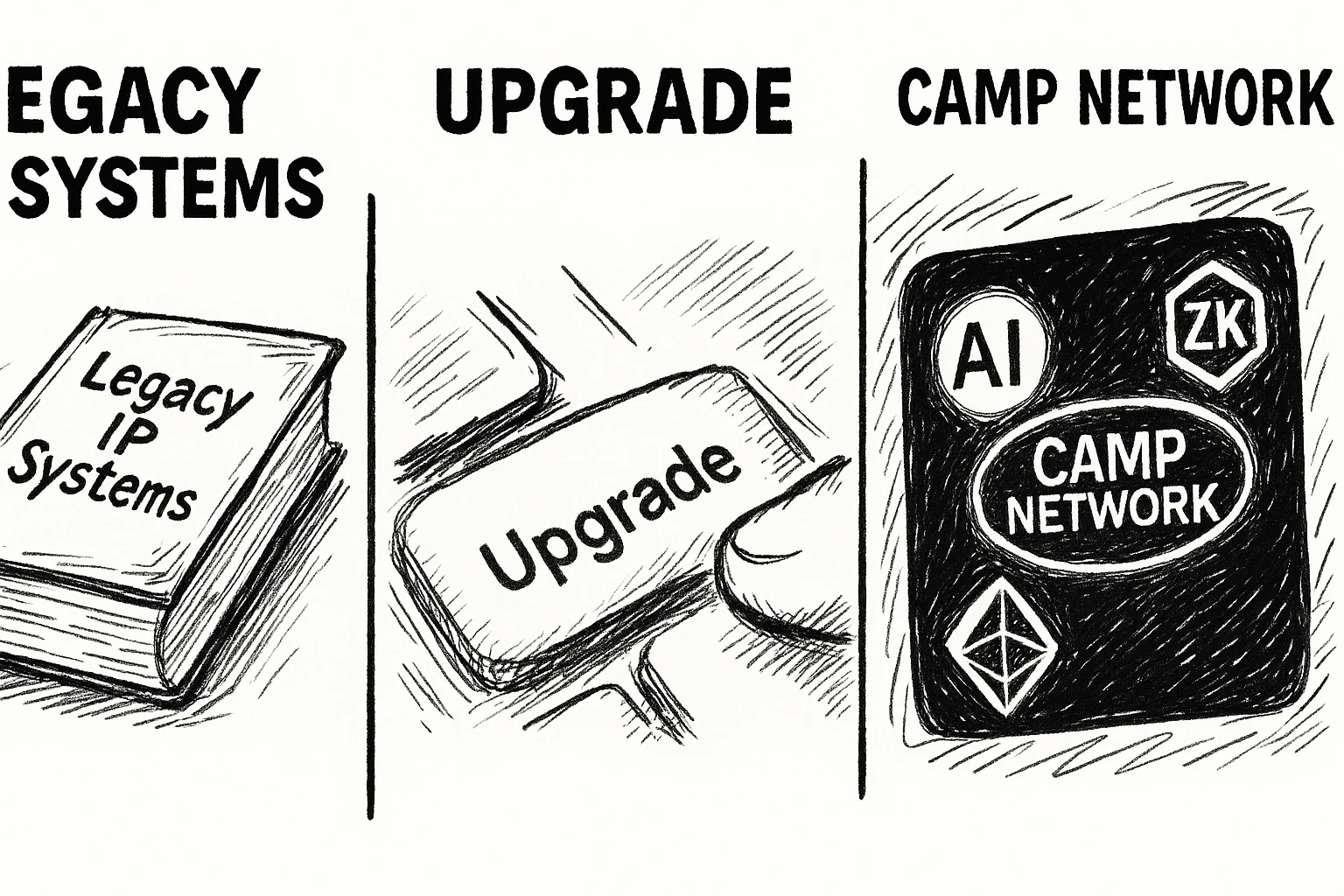 A meme-style image with three frames. The first frame shows an old dusty book labeled “Legacy IP Systems”. The second frame shows a finger about to press a glowing “Upgrade” button. The final frame shows a sleek digital interface with AI, ZK, and EVM logos glowing around the “Camp Network” logo. The layout should be in a meme style with white bold Impact font for captions. The humor should be funny but clean, focusing on tech humor. emoji