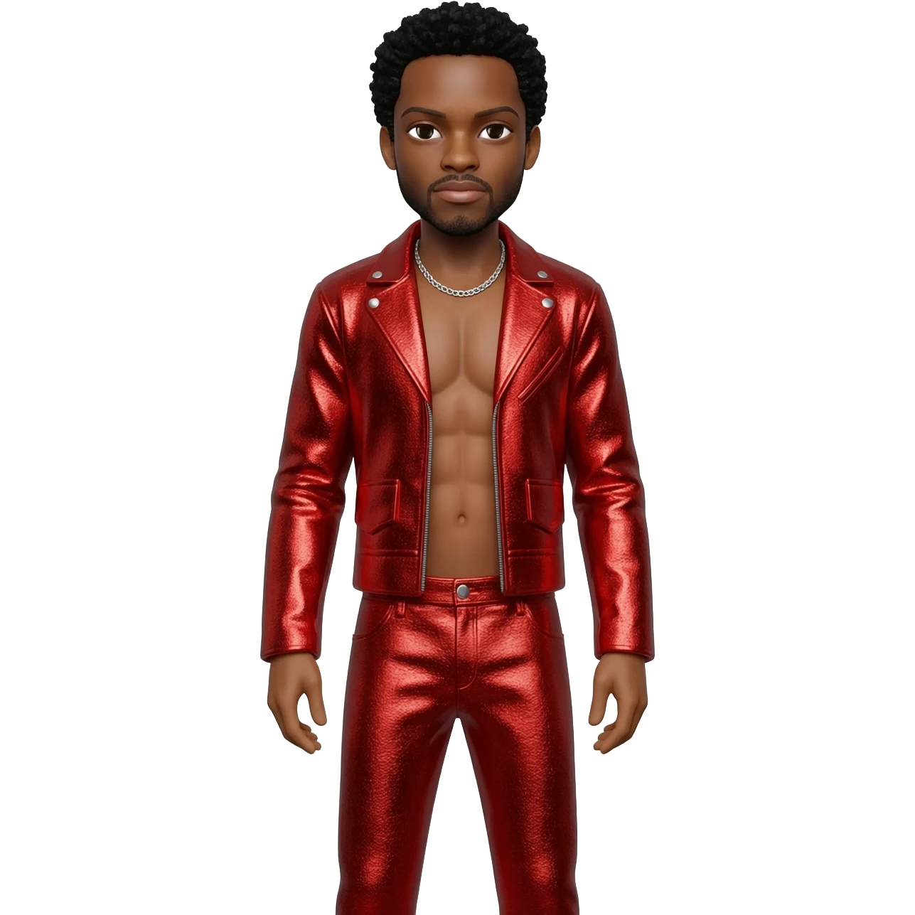 Bobby Brown with black hair, red metallic jacket, red metallic baggy pants, shirtless with necklace emoji