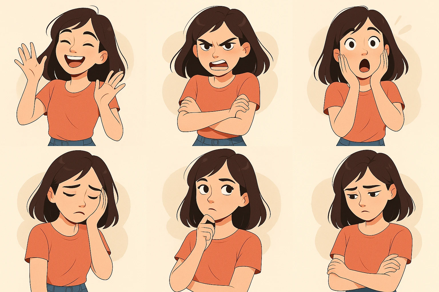 a pale, brunette girl acting, in a variety of expressive poses, modern illustration style emoji