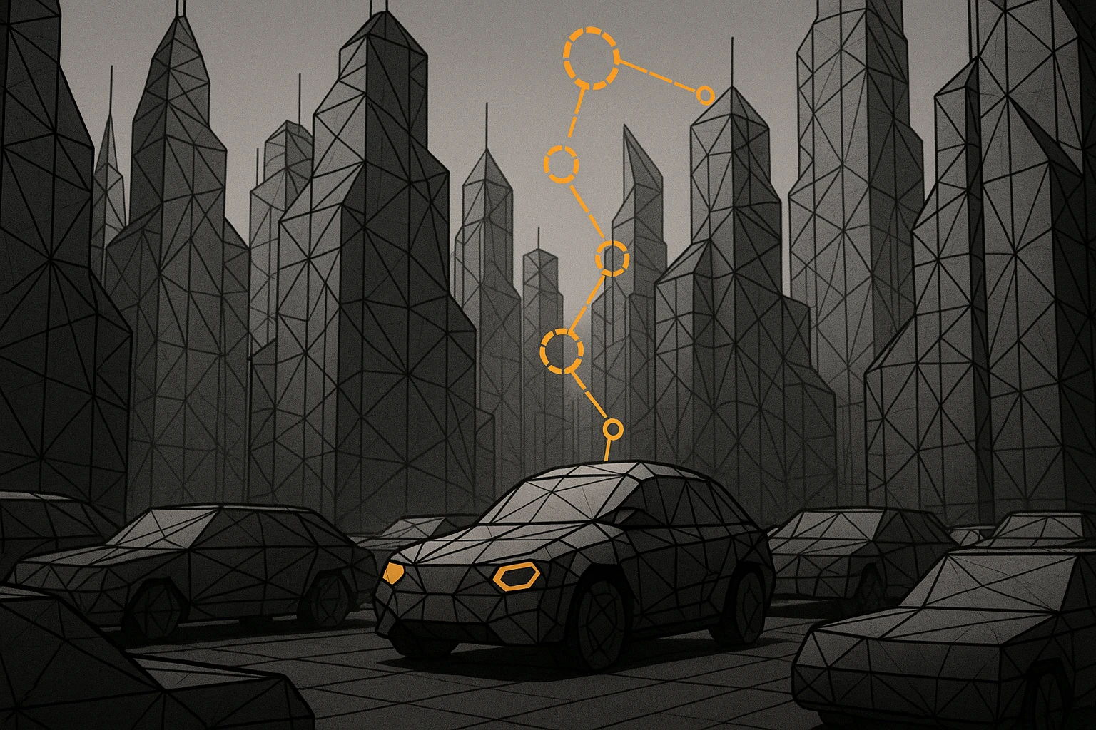 A car zooms through dense traffic in a futuristic city with skyscrapers, partial wireframe rendering revealing the city is part of a computer simulation, the car is a robot with visible waypoints emoji