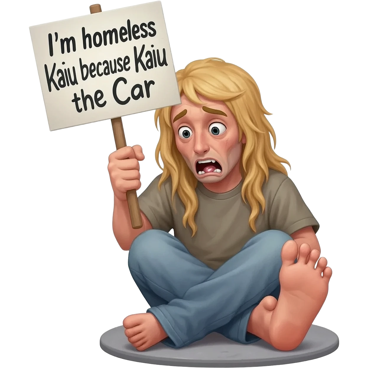 a weird buck tooth ah emoji with nasty feet with long blond hair and arms with boogers on them and he looks homelessand he is holding a sign that say I'm homeless because kaiu picked the car emoji