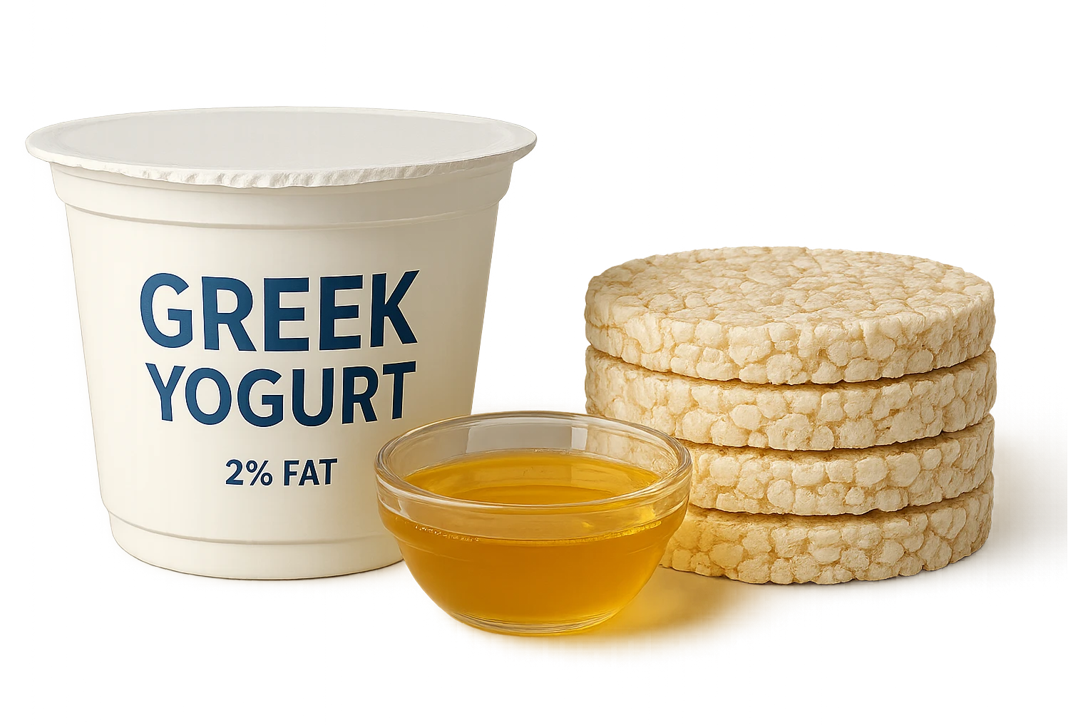 Yogurt Greco 2%
Miele (senza il cucchiaio di legno)
Gallette di Riso
vista frontale, iperrealistico 4k emoji