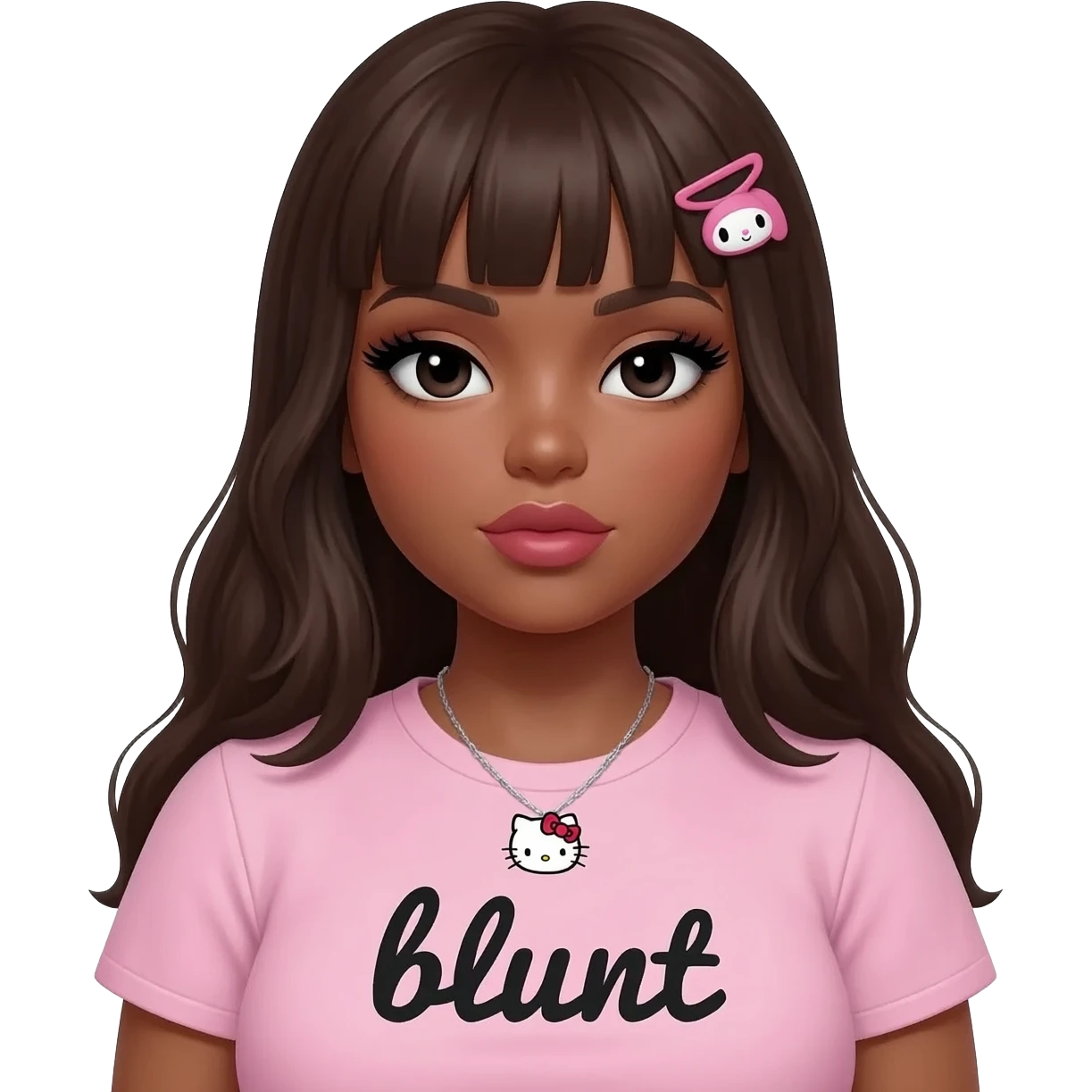 Long lashes, my melody hairclip, Doll faced shaped, hello kitty necklace, bimbo, black doll eyes, Big lips barbie, long dark brown skin with dark brown hair, light pink bimbo shirt says "blunt" , big breast emoji