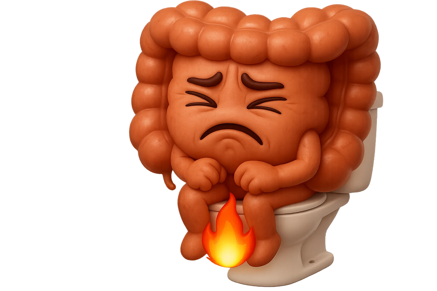SU QUESTO STILE FAI UN EMOJI STILE IPHONE 3D DI UN INTESTINO CHE sta seduto sul wc e dal wc in mezzo alle sue gambe esce una fiamma stile emoji iphone, FAGLI UN ESPRESSIONE di dolore mentre si sforza E FALLO MOLTO REALISTICO IN 3D emoji