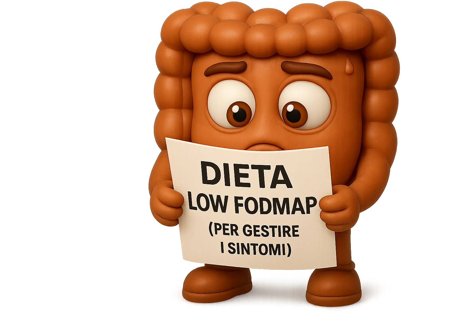 EMOJI STILE IPHONE DI UN INTESTINO UMANO ANATOMICO CHE GUARDA UN FOGLIO CON LA SCRITTA "DIETA LOW FODMAP (PER GESTIRE I SINTOMI)", FAGLI ANCHE LA PARTE BIANCA DEGLI OCCHI, NON SOLO LE PUPILLE, IPERREALISTICO 4K emoji