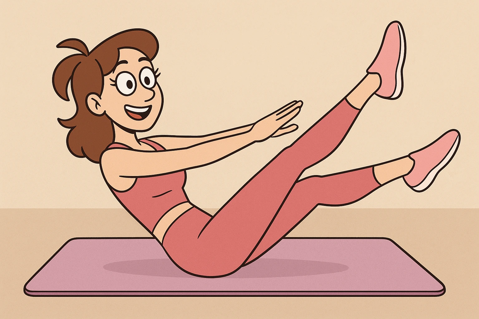white woman with brown hair, pilates workout, pink athletic outfit, cheerful and active emoji