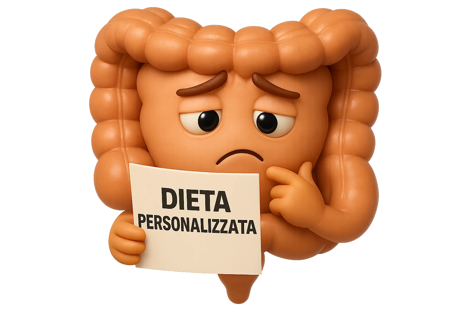 emoji stile iphone 3d di un intestino con mal di pancia che legge un foglio con la scritta "DIETA PERSONALIZZATA", ESPRESSIONE PENSIEROSA, iperrealistico 4k emoji