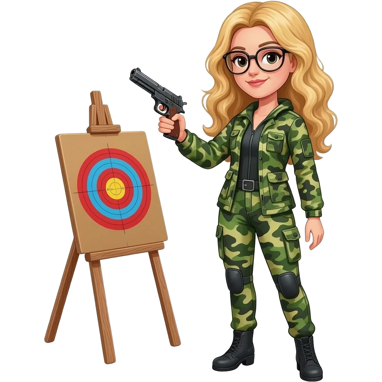 Target practice Right to bear arms Green hunting woman with glasses and long blonde curly hair carrying a pistol emoji