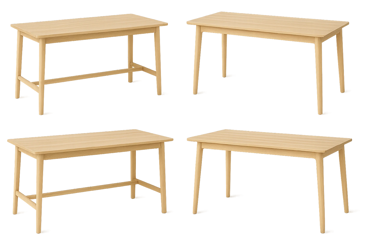 Create multiple variations of a rectangle wooden table with light wood in Scandinavian style, no background, highlighting simplicity, functionality, and natural elements. emoji