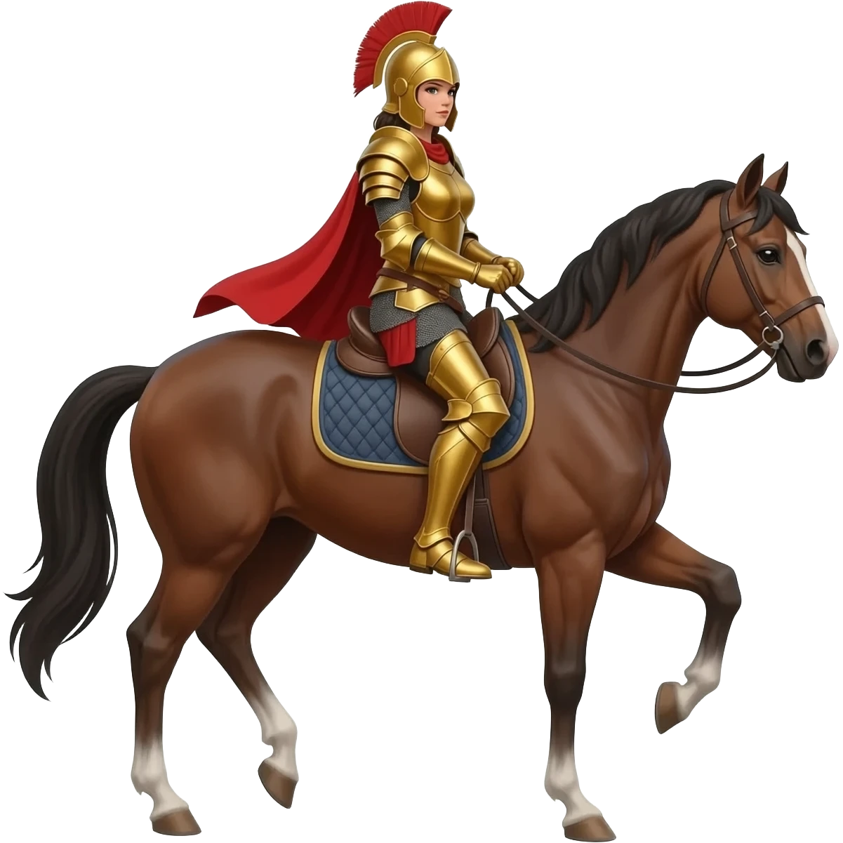 female woman wearing a golden armor riding a horse emoji