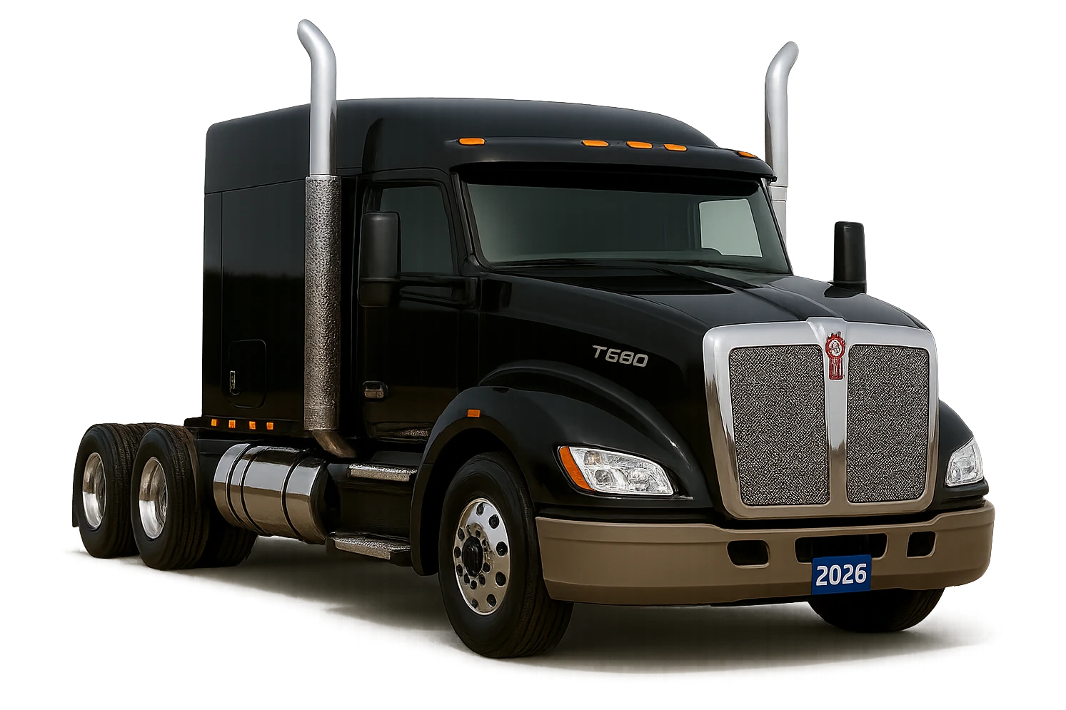 Make this 2026 Kenworth T680 Flat Top semi sleeper look ultra-realistic, with perfect lighting, chrome, and paint reflections, no air filters, flat top sleeper cab clear, no background. Render in ultra-realistic photographic style with perfect lighting and detailed chrome and paint reflections, no background. emoji