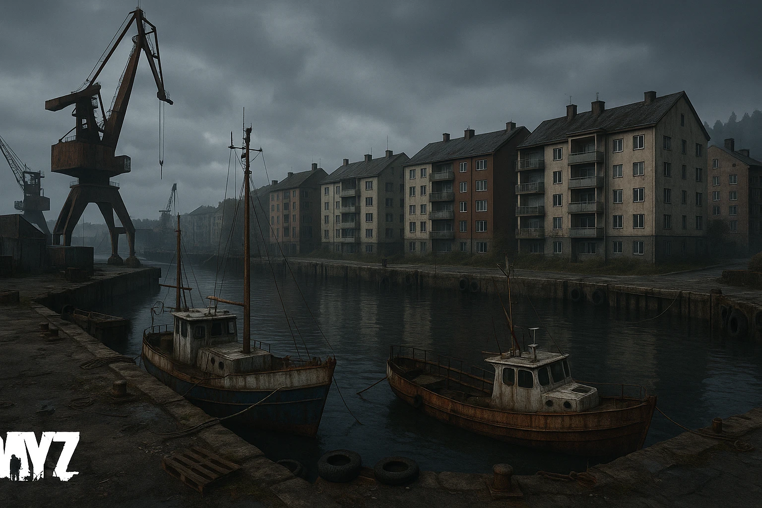 a screenshot of the game DayZ videogame, the harbor in a Norwegian port town, apartment blocks emoji