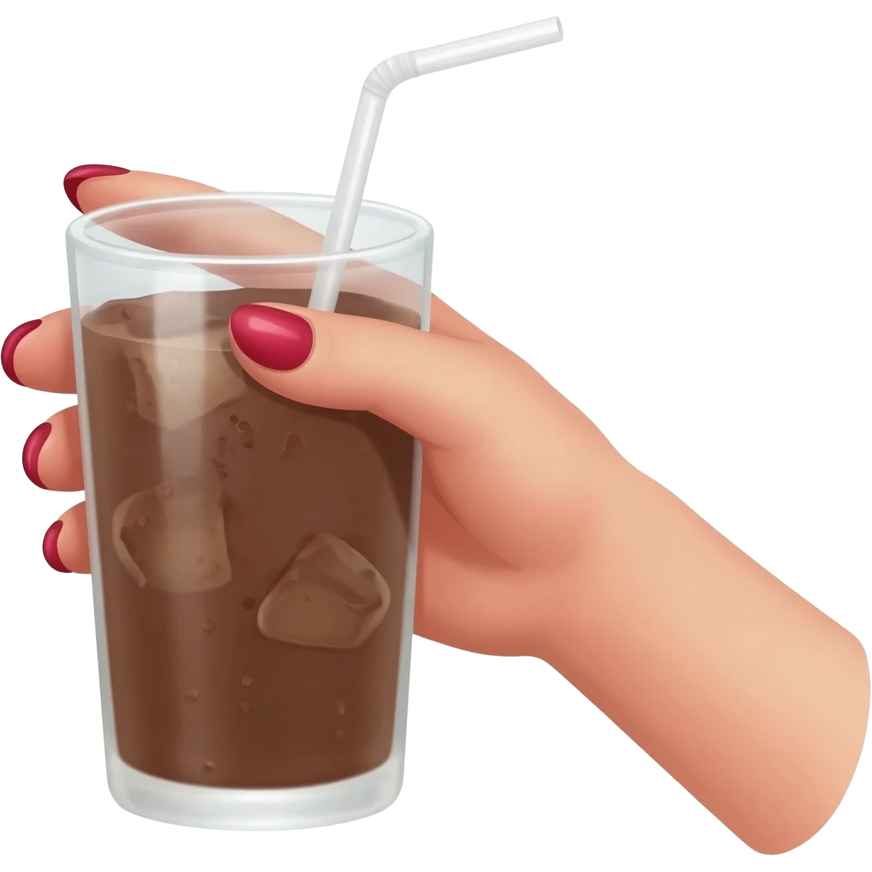 chocolat froid dans un grand verre avec une paille tenue par le bout d'une jolie main de femme avec une belle manucure Style Pinterest réaliste Avec une bordure blanche rendu ultra réaliste emoji