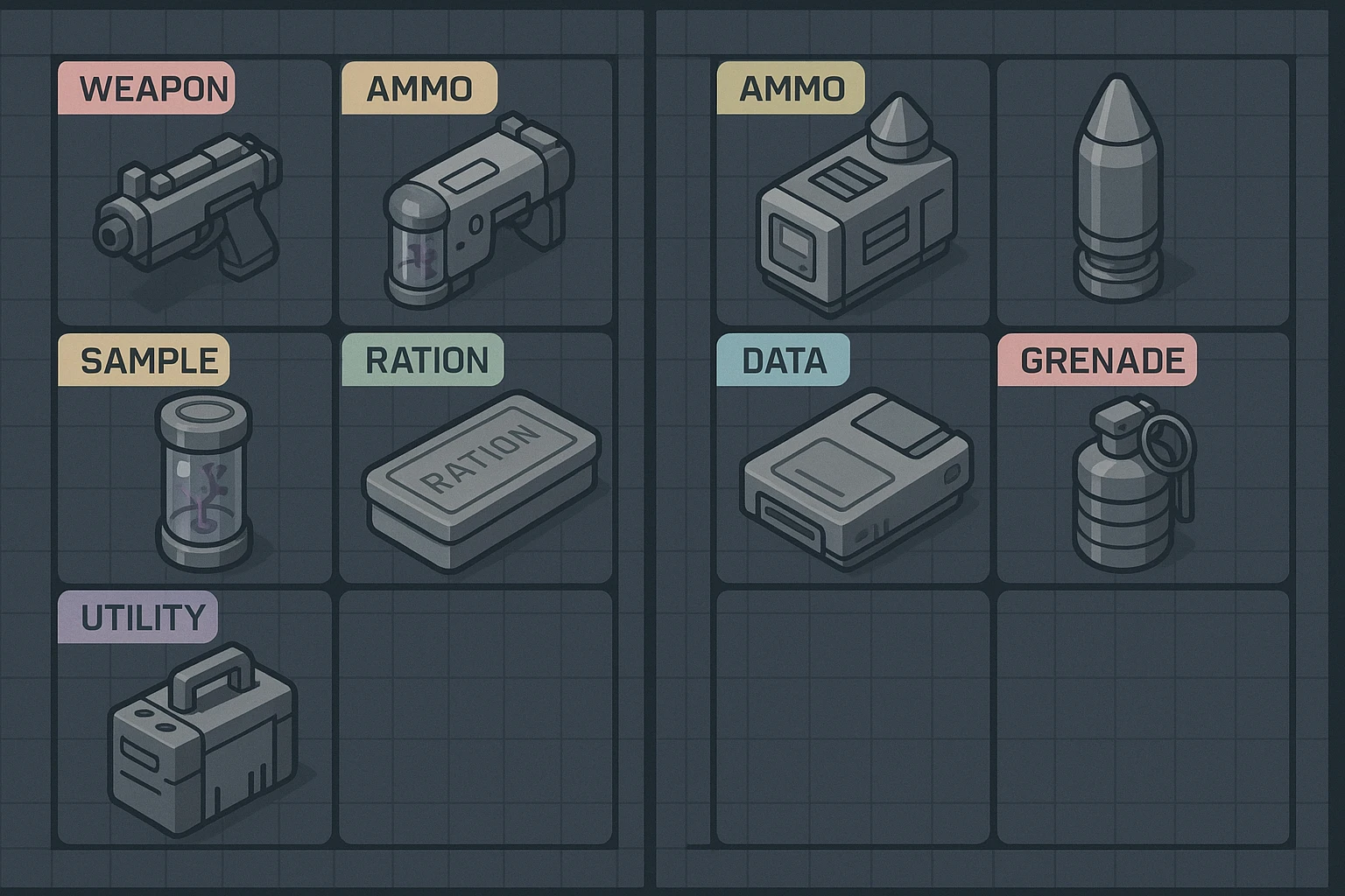 a virtual display, a gray grid with darker gray cells, each cell containing an item viewed in isometric minimalism render The cells have pastel neon colored labels in their upper corner, indicating various traits of the items. retrofuturism, circa 2880's.
The items are scientific and military in nature - varieties of munitions, scientific samples, rations, data storage, utilities. There are two arrays of grids, one left, one right. Each array has a few empty spaces at the bottom emoji