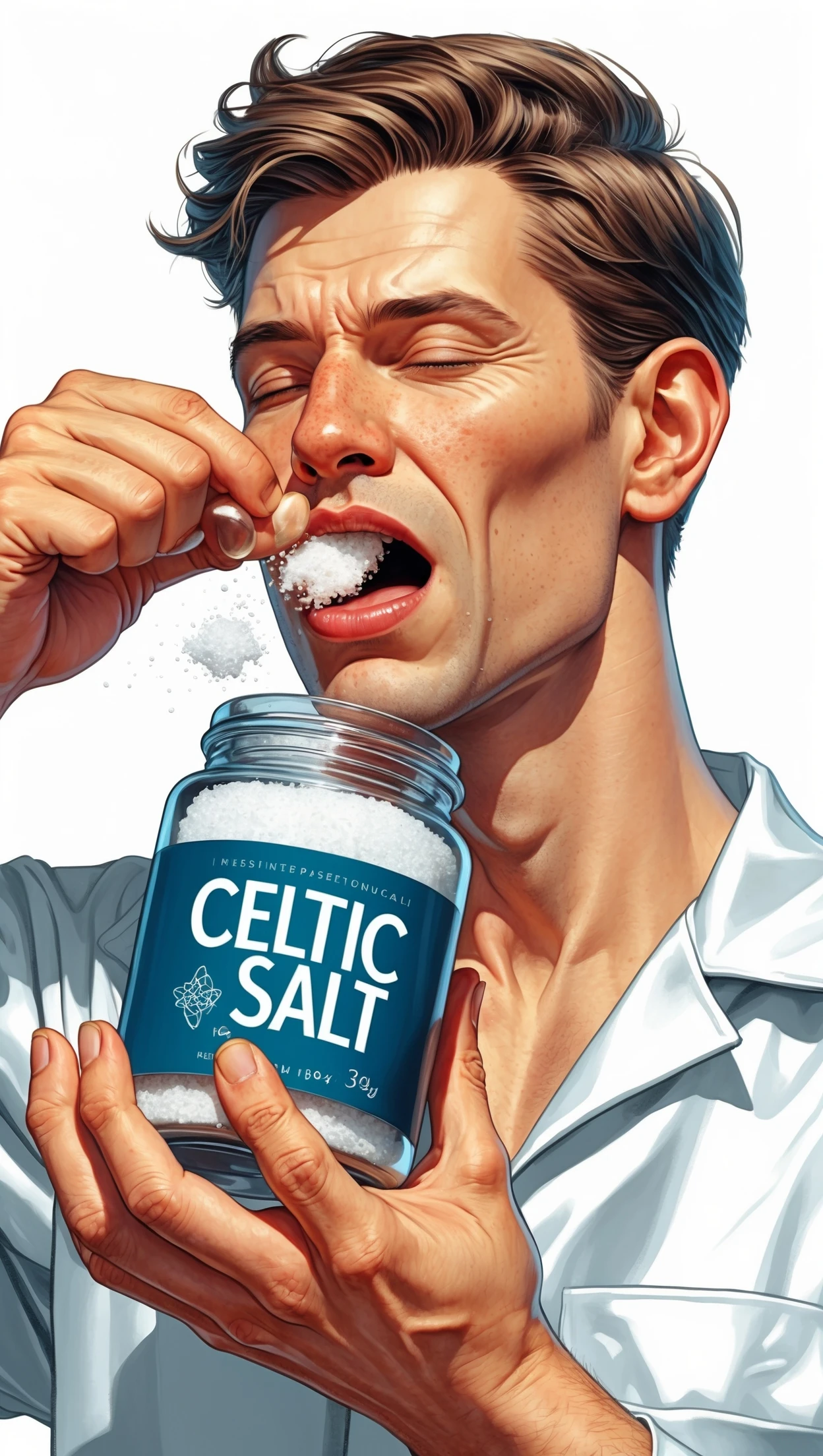 A MEDICAL ILLUSTRATION OF A REALISTIC human body holding a jar with "CELTIC SALT" written on the label, he throws it in his mouth DURING BREAKFAST emoji
