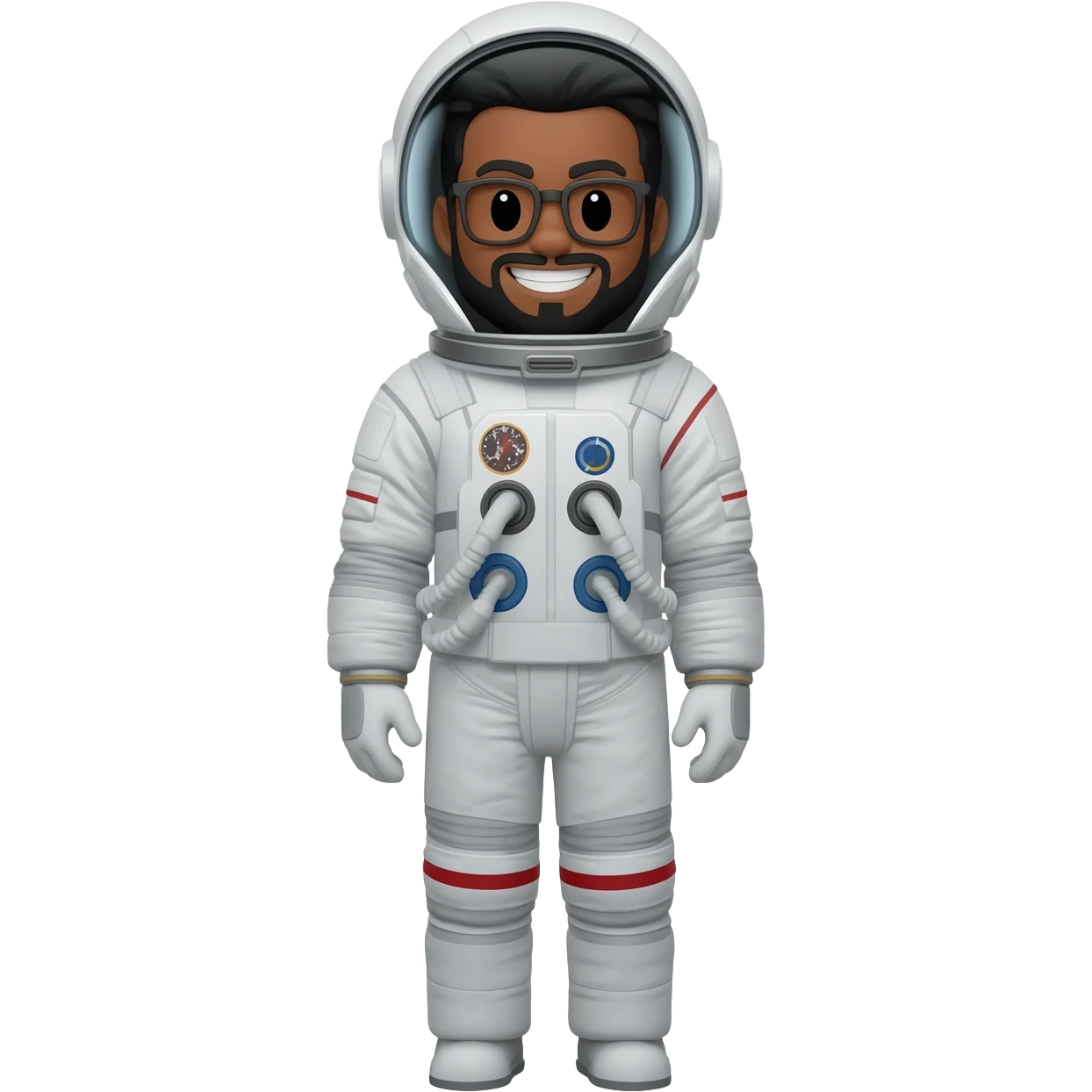astronaut walking space brown skin, black eyes, glasses and beard smiling black hair show body emoji