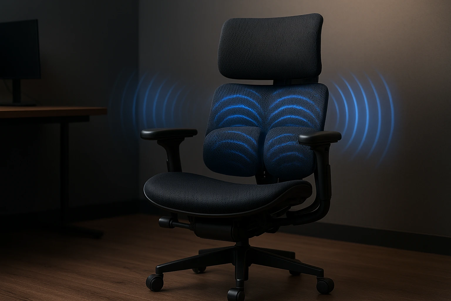 ergonomic office chair, reduces fatigue and muscle tension, modern workspace, soft light, realistic photo emoji