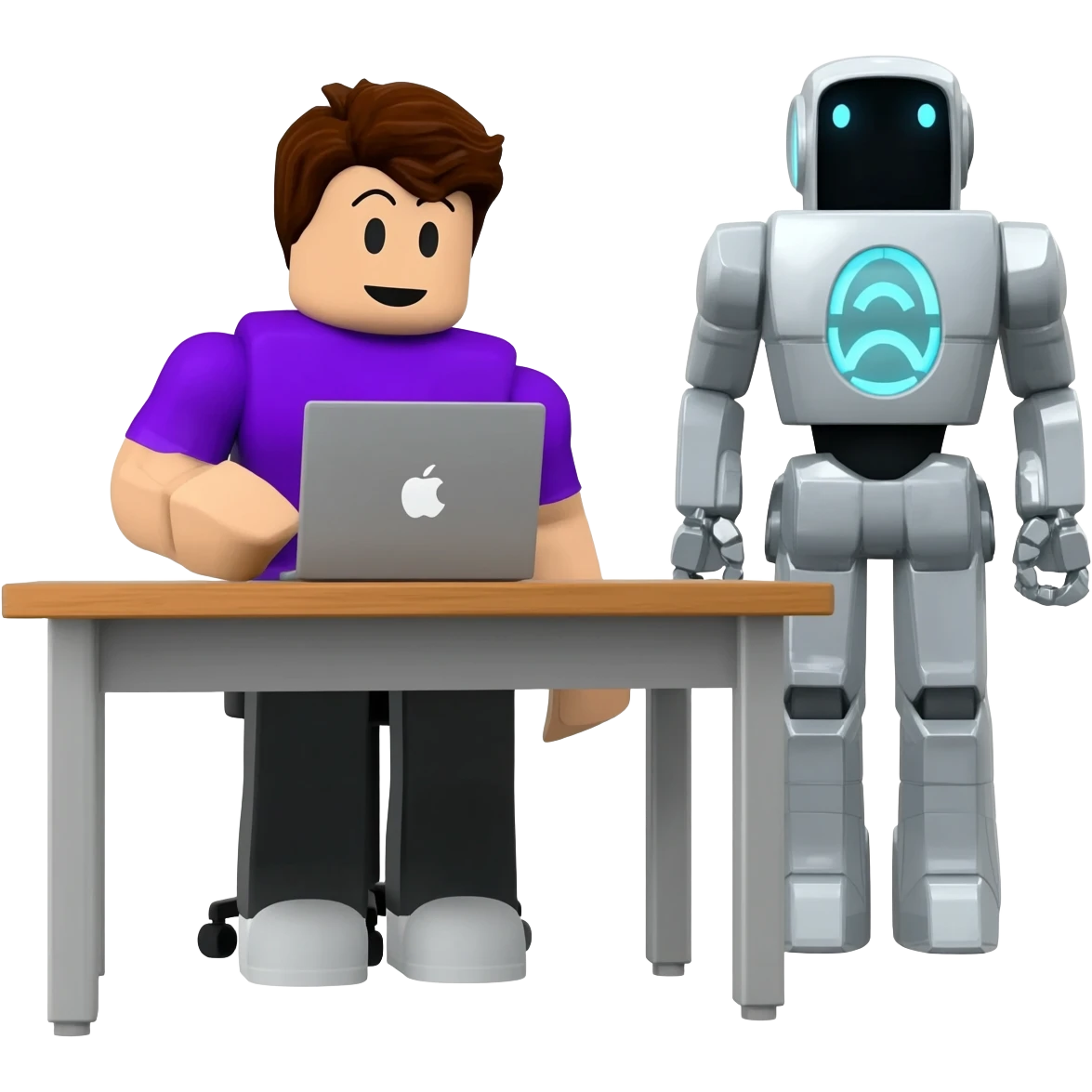 Genera un personaje de roblox de cuerpo completo sentado en un escritorio con una laptop con una playera color morado, pelo cafe y un robot al lado de el emoji