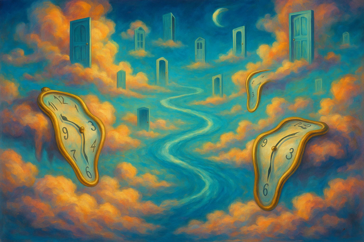 surreal heaven with melting clocks, floating doors, celestial rivers, inspired by Salvador Dalí's dreamlike surrealism emoji