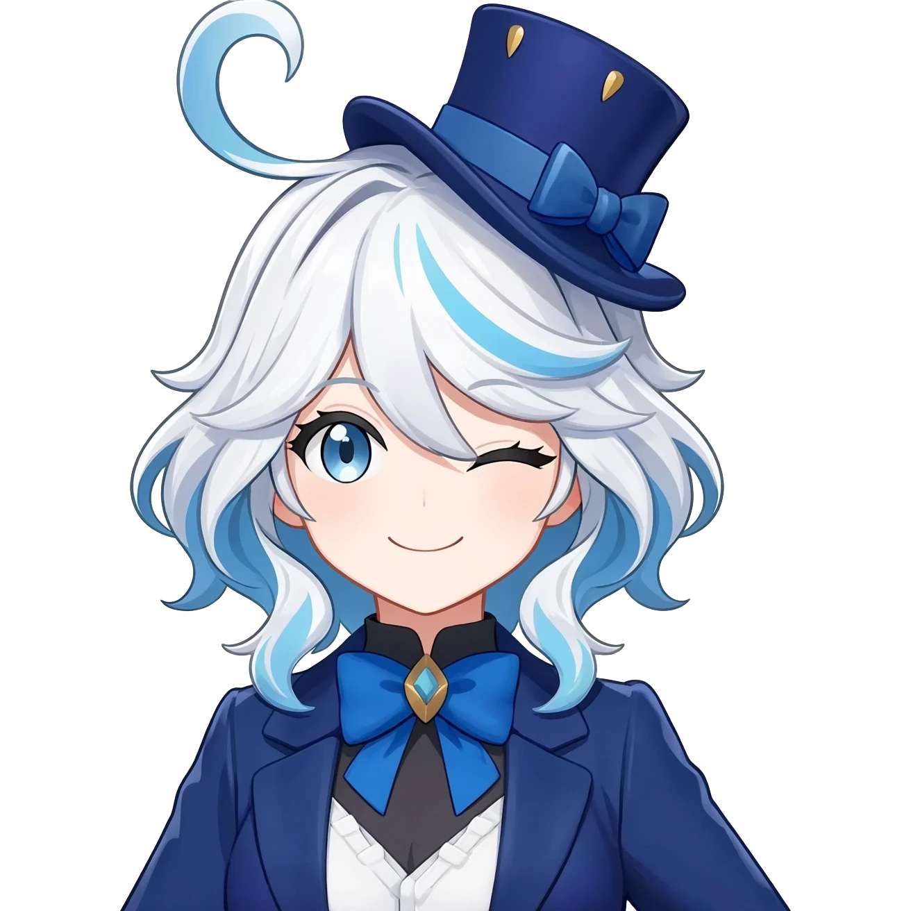 Furina de Fontaine from Genshin Impact; Beautiful gorgeous anime lady with white wavy hair with thin blue stripes, blue eyes, blue short top hat with a blue bow tie, smug smile, laughing, happy, blue coat, blue cravat, white gloves emoji