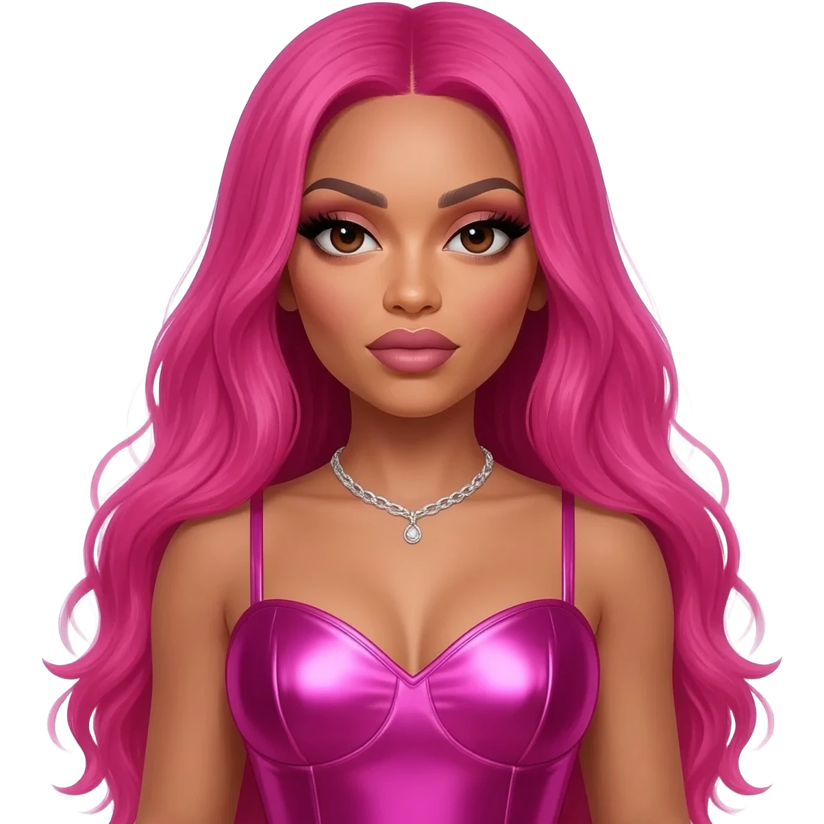 Nicki Minaj with dark brown eyes, long hot pink hair, hot pink metallic sweetheart dress, silver necklace emoji