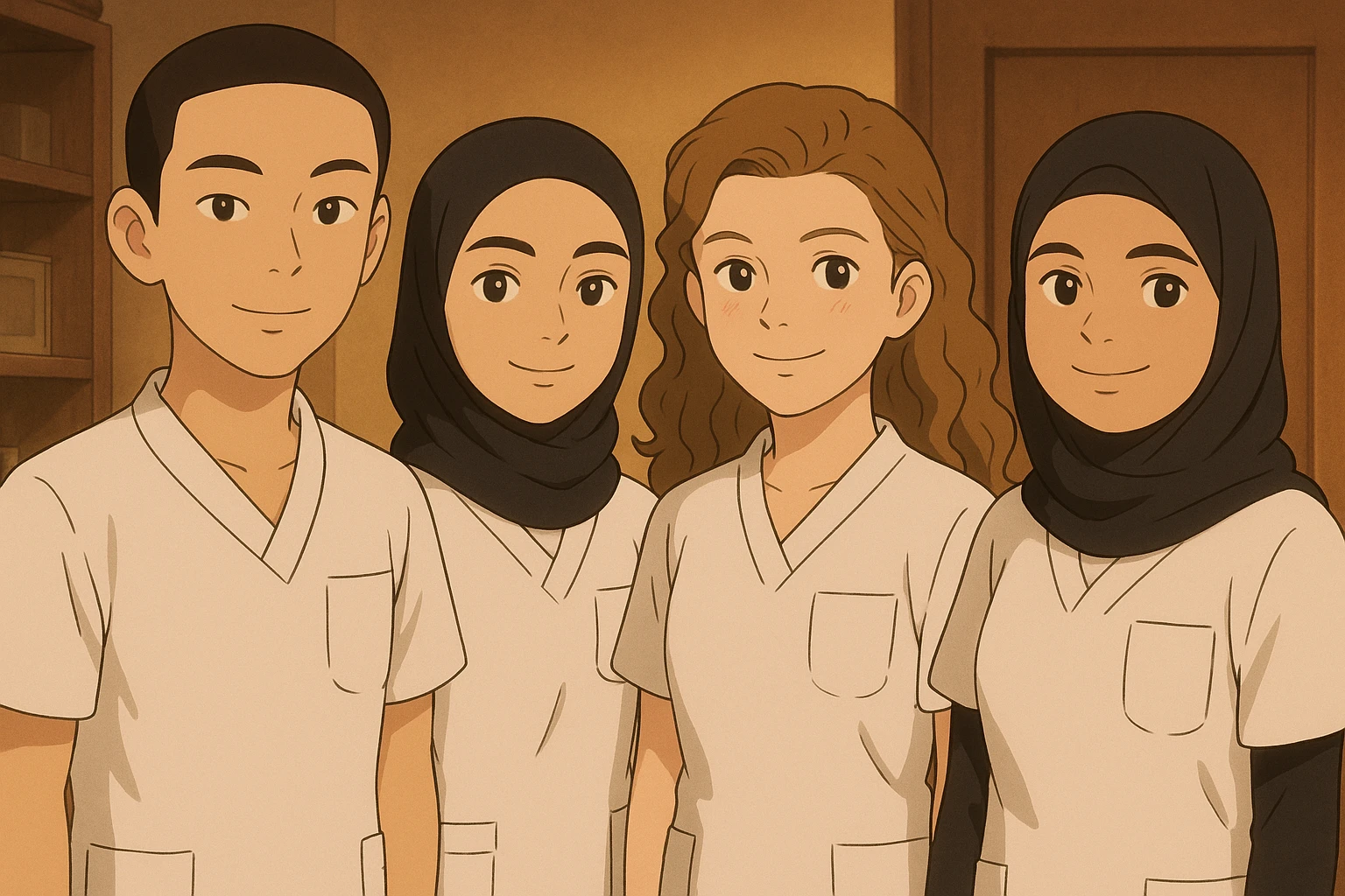 Four nursing students side by side in a warm indoor environment, wearing white short-sleeved uniforms with V-neck collars and left chest pockets. No undershirts or stethoscopes. Variations in ambiance and composition, Ghibli style. emoji