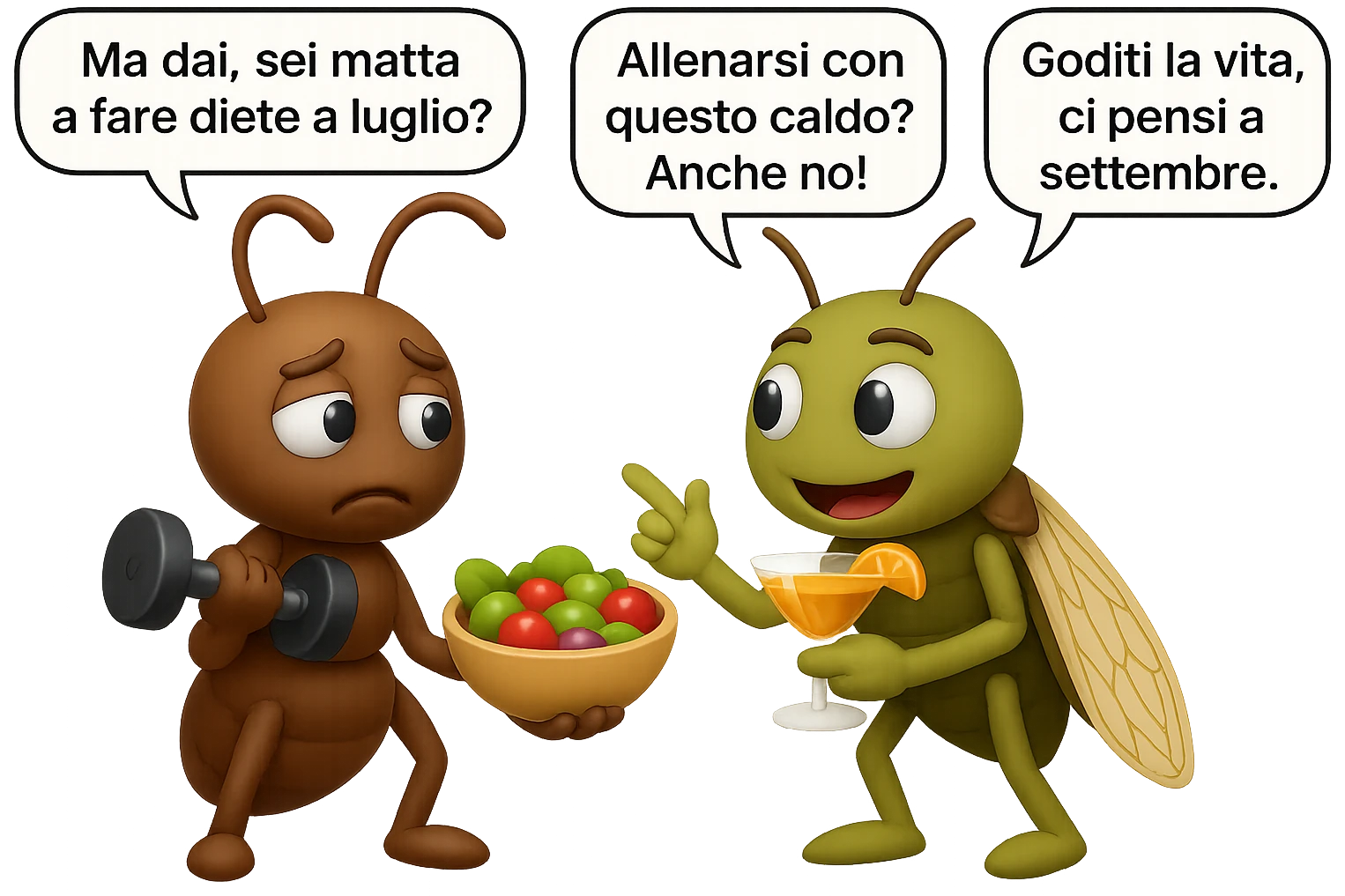 EMOJI STILE IPHONE 3D DI una cicala e una formica che parlano tra loro, la formica ha nella mano destra un manubrio da palestra e nella nella mano sinistra una bowl di insalata, la cicala invece ha un cocktail in mano, la cicala prende in giro la formica E LE DICE IN 3 FUMETTI DIFFERENTI: "Ma dai, sei matta a fare diete a luglio?”
“Allenarsi con questo caldo? Anche no!”
“Goditi la vita, ci pensi a settembre.”
 emoji
