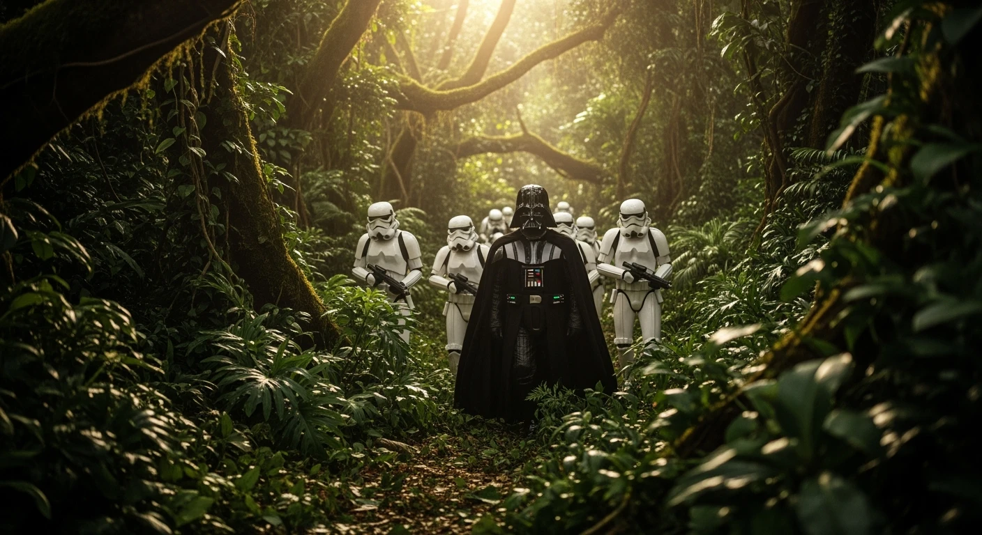 cinematic still, Closeup shot, amazon jungle, well lit scene, Darth Vader around stormtroopers is exploring the jungle, captured by arri alexa emoji