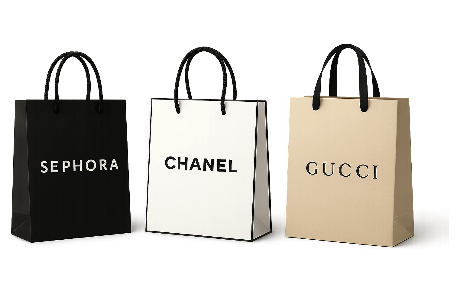 three shopping bags, each with a different luxury store logo: Sephora, Chanel, Gucci, elegant and upscale look emoji