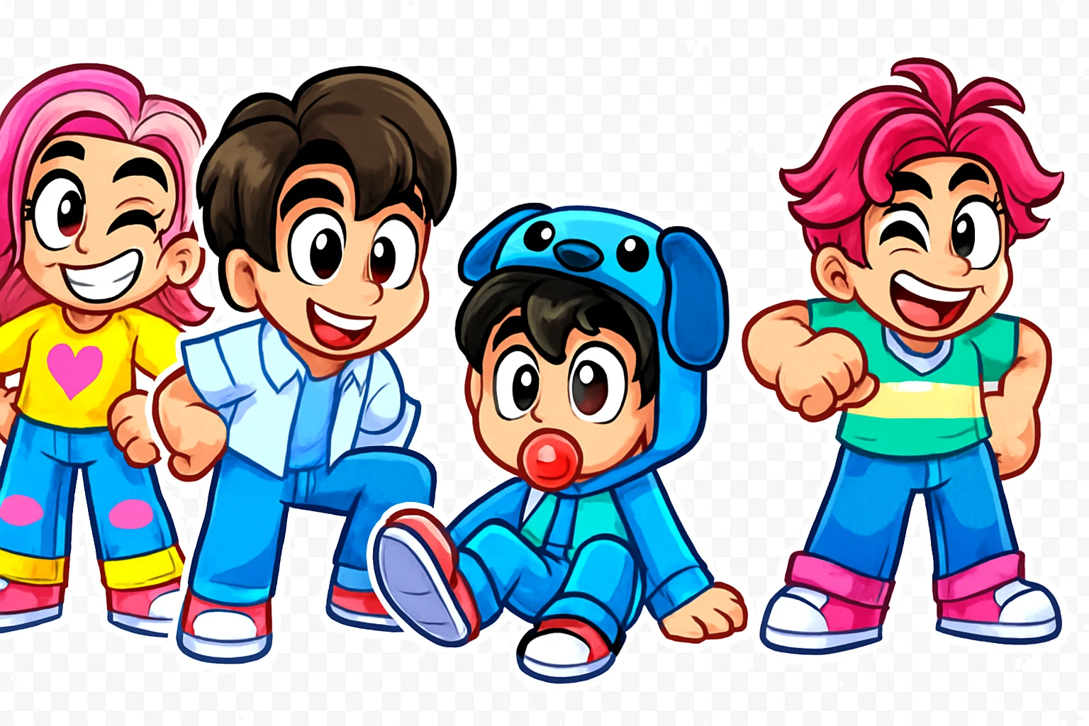 Extract every character from the background, including the clothes and accessories they are wearing, and place on a transparent background. Keep the original style and appearance exactly the same. and separately give me the picture

 emoji