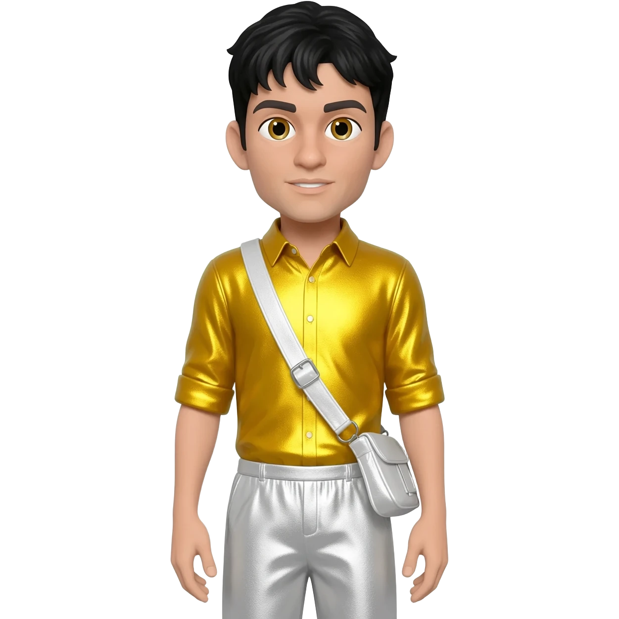 Greg Page from The Wiggles with hazel eyes, black hair, yellow metallic shirt, white metallic baggy pants s emoji