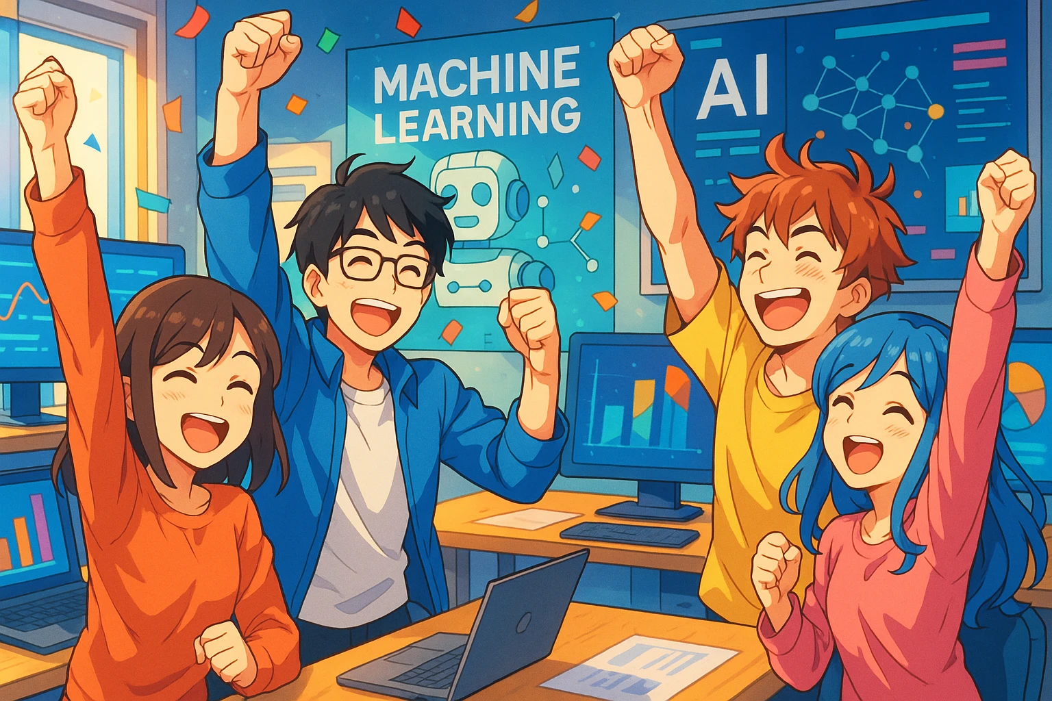 équipe IA et machine learning célébrant la fin d'un sprint de deux semaines, ambiance joyeuse, membres souriants, éléments technologiques comme ordinateurs et graphiques, style anime, couleurs vives emoji