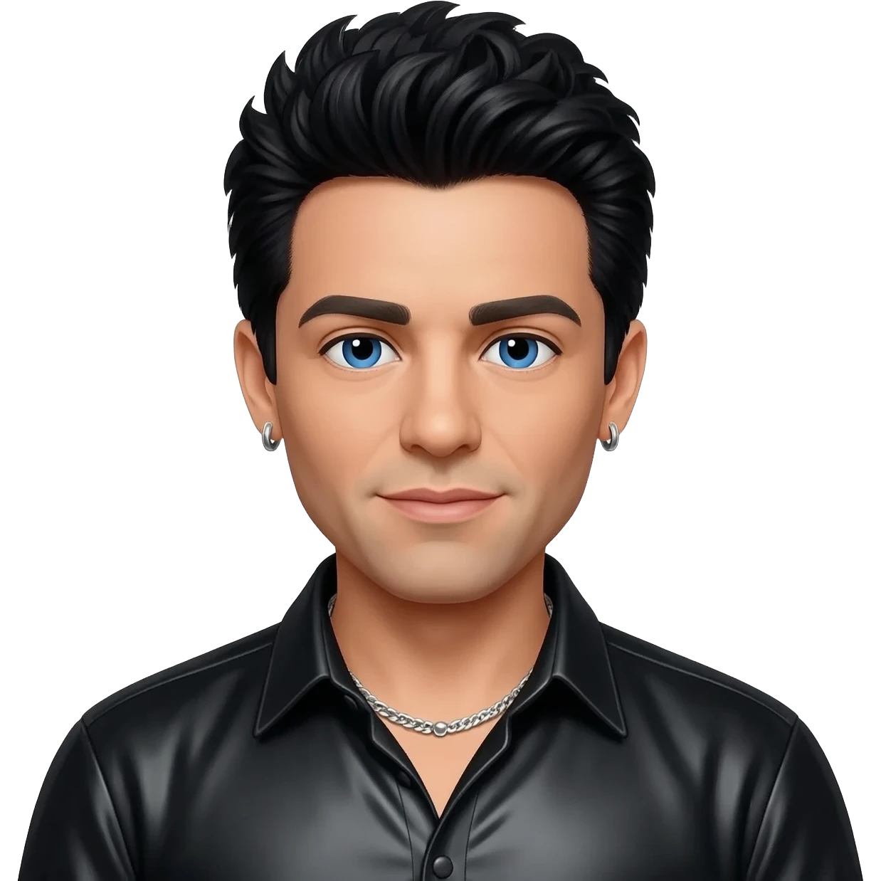 Frankie Zulferino, Pop Singer (b.1990) with blue eyes, black hair, black metallic shirt, silver necklace and short earrings emoji