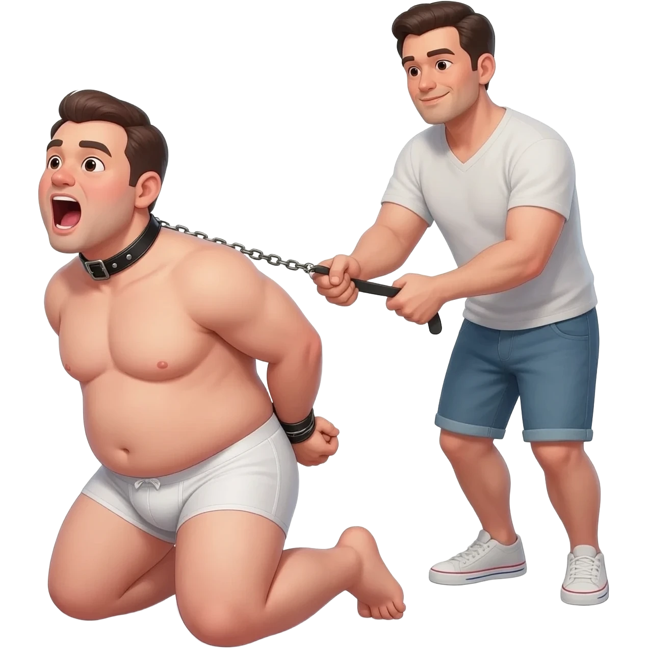 Fourty year old chubby guy in white briefs on his knees with mouth wide open and a black leather collar around his neck and hands tied behind his back. a man stands behind him pulling on a leash attached to the collar emoji