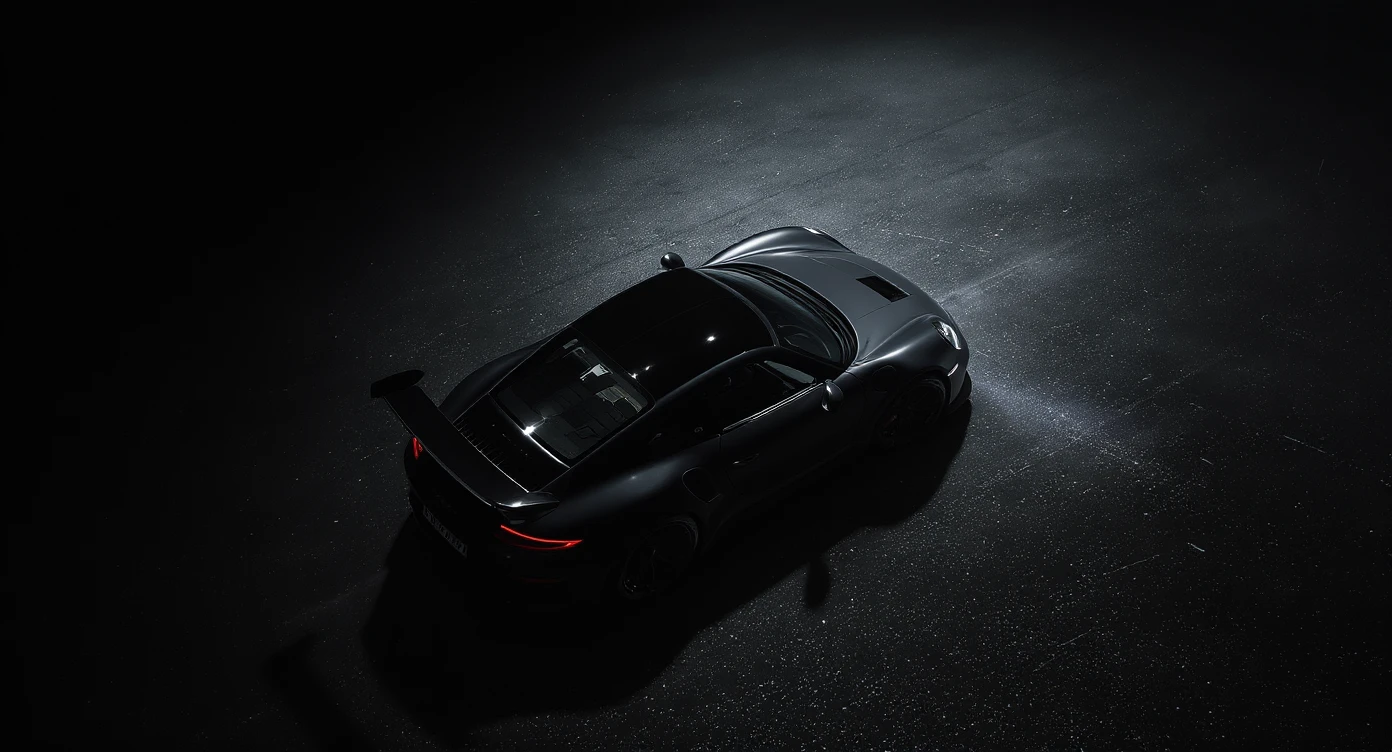 Editorial shot of a porsche 911 gt3 rs, top dutch angle, black voide around, top spotlight, captured on arri alexa emoji